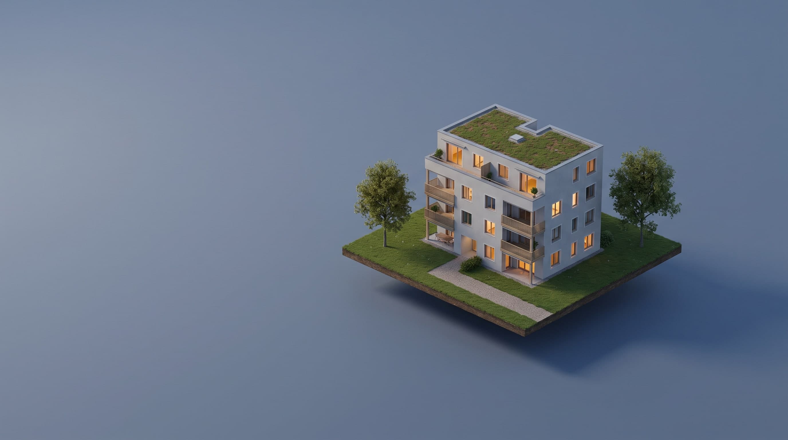 Visualisation: four-storey apartment building with a green roof and balconies on a lawn plinth at blue hour