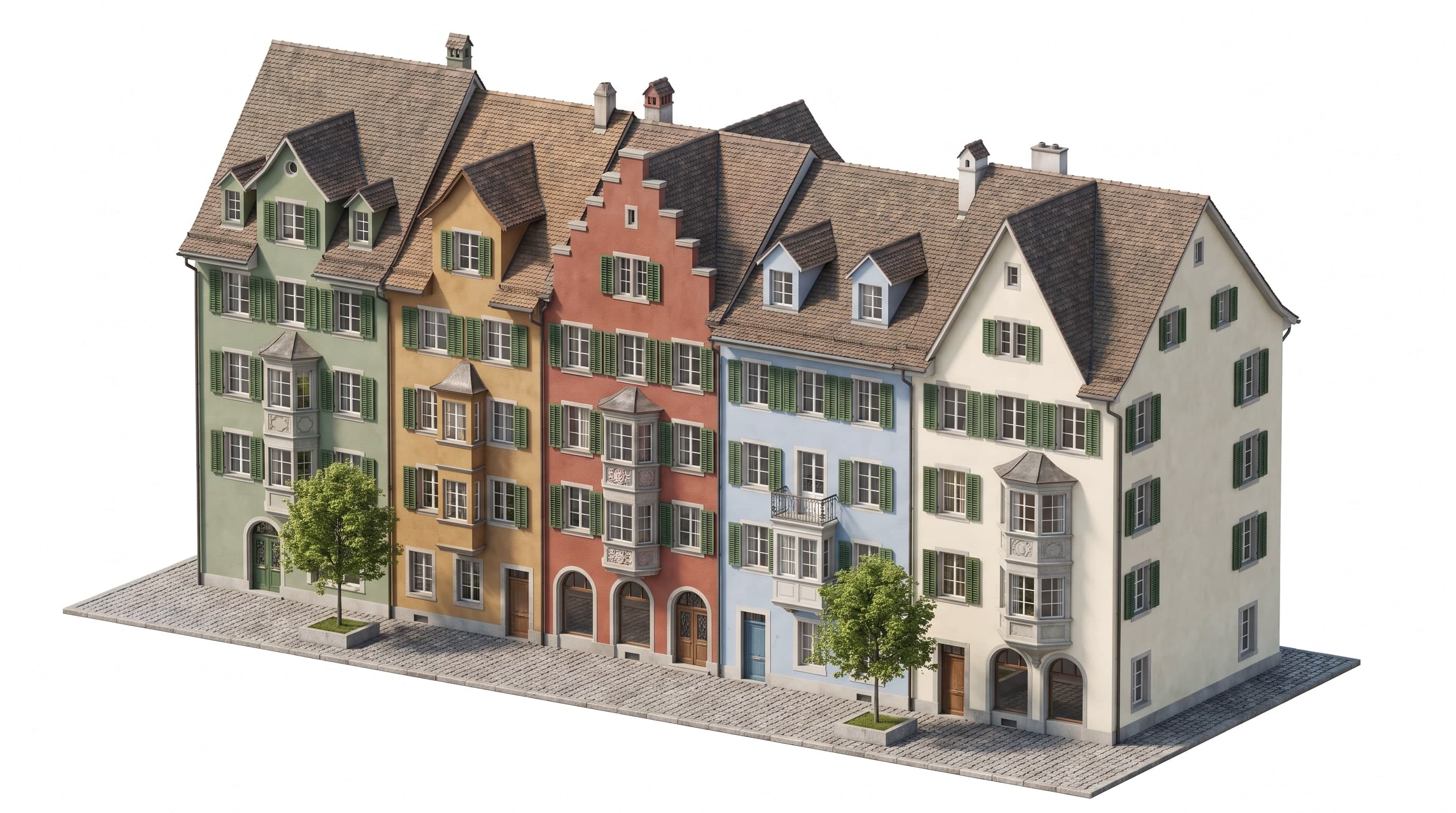 Visualisierung: Zeile farbiger Altstadthäuser mit Erkern und Satteldächern auf Kopfsteinpflaster