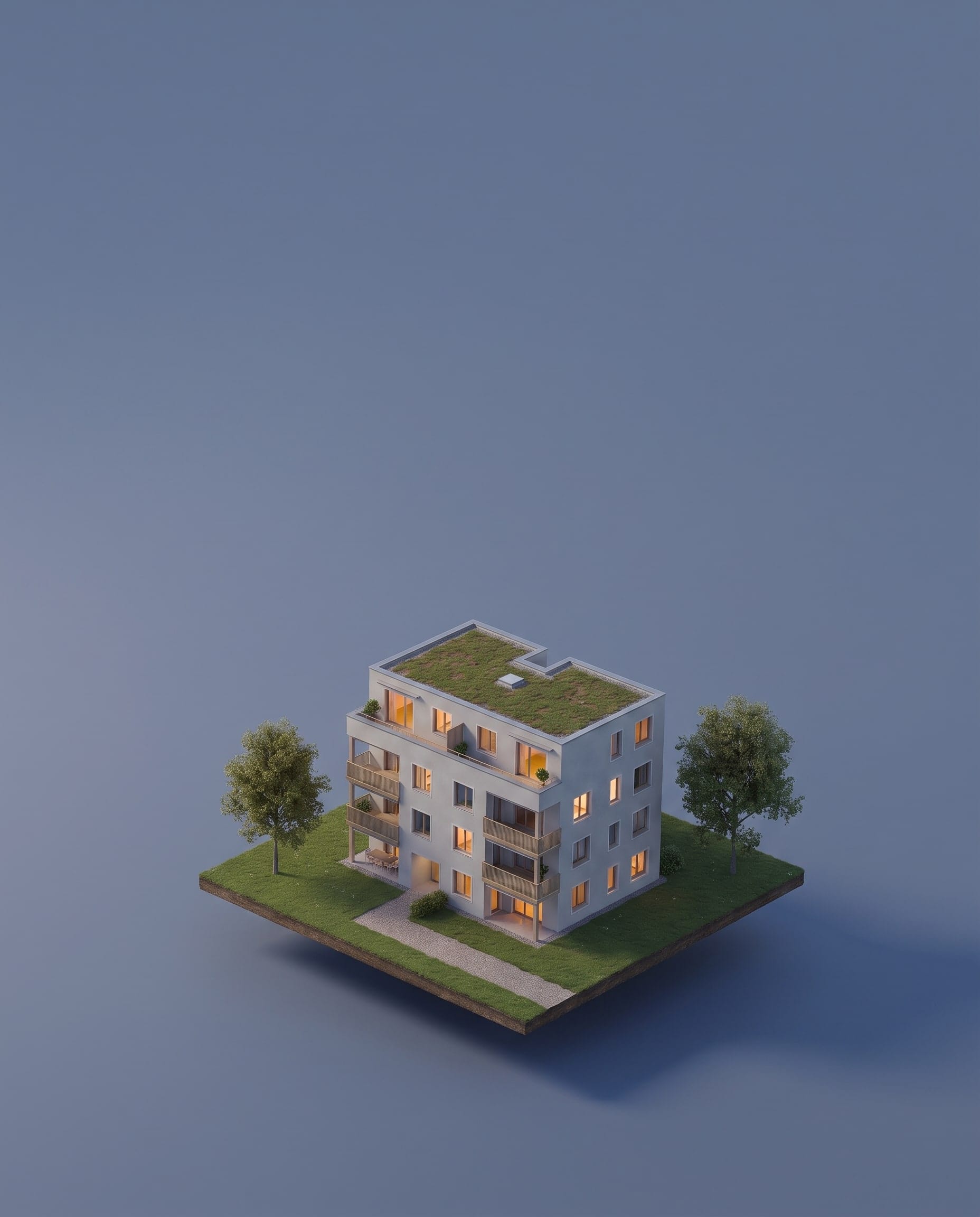 Visualisierung: viergeschossiges Mehrfamilienhaus mit begrüntem Dach und erleuchteten Fenstern auf einem Rasensockel, Blaue Stunde