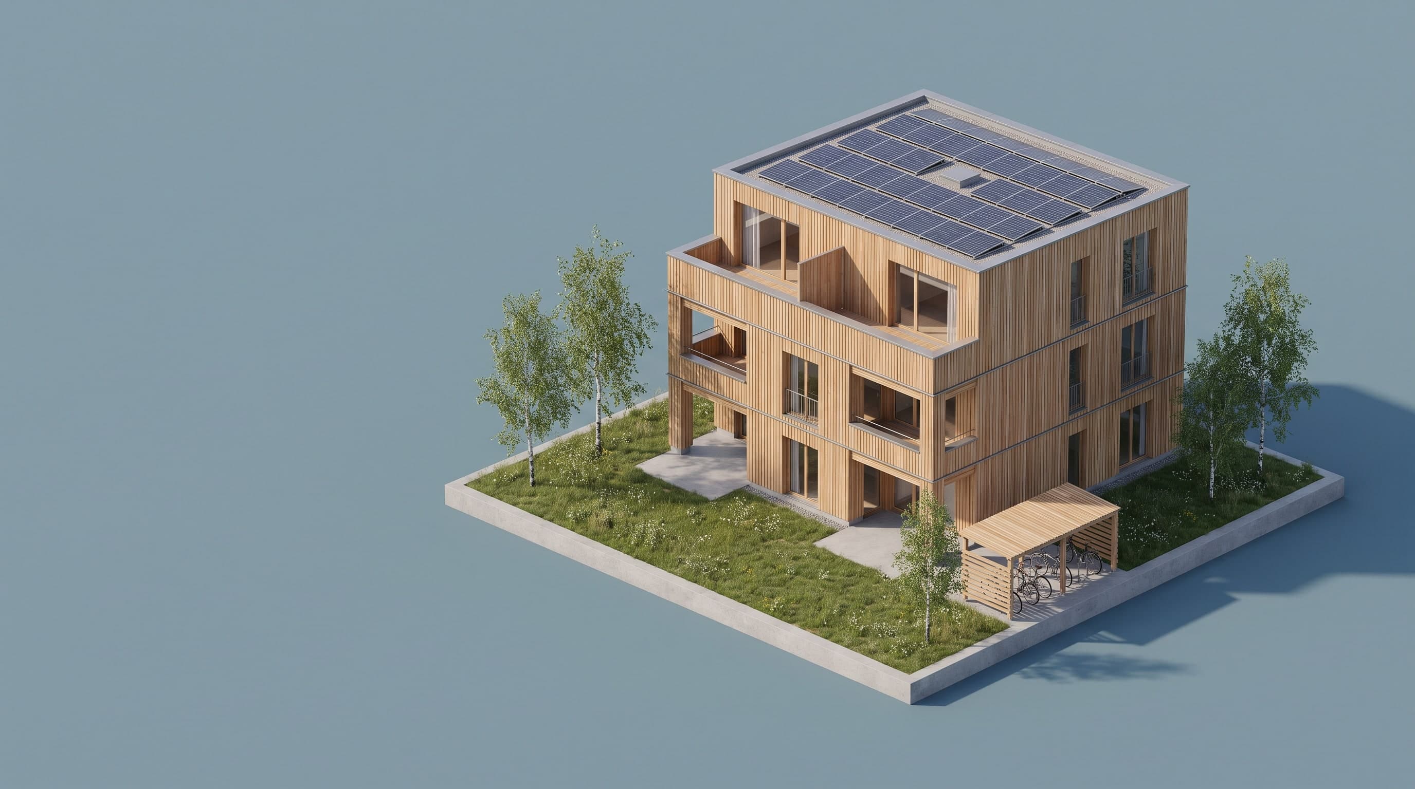 Visualisierung: dreigeschossiger Holzbau mit Solaranlage auf dem Dach, Garten und Velounterstand, auf blaugrauem Grund